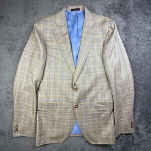 Bartorelli Napoli Silk Wool Blazer US 38R Italian Plaid Beige Blue Tailored Fit